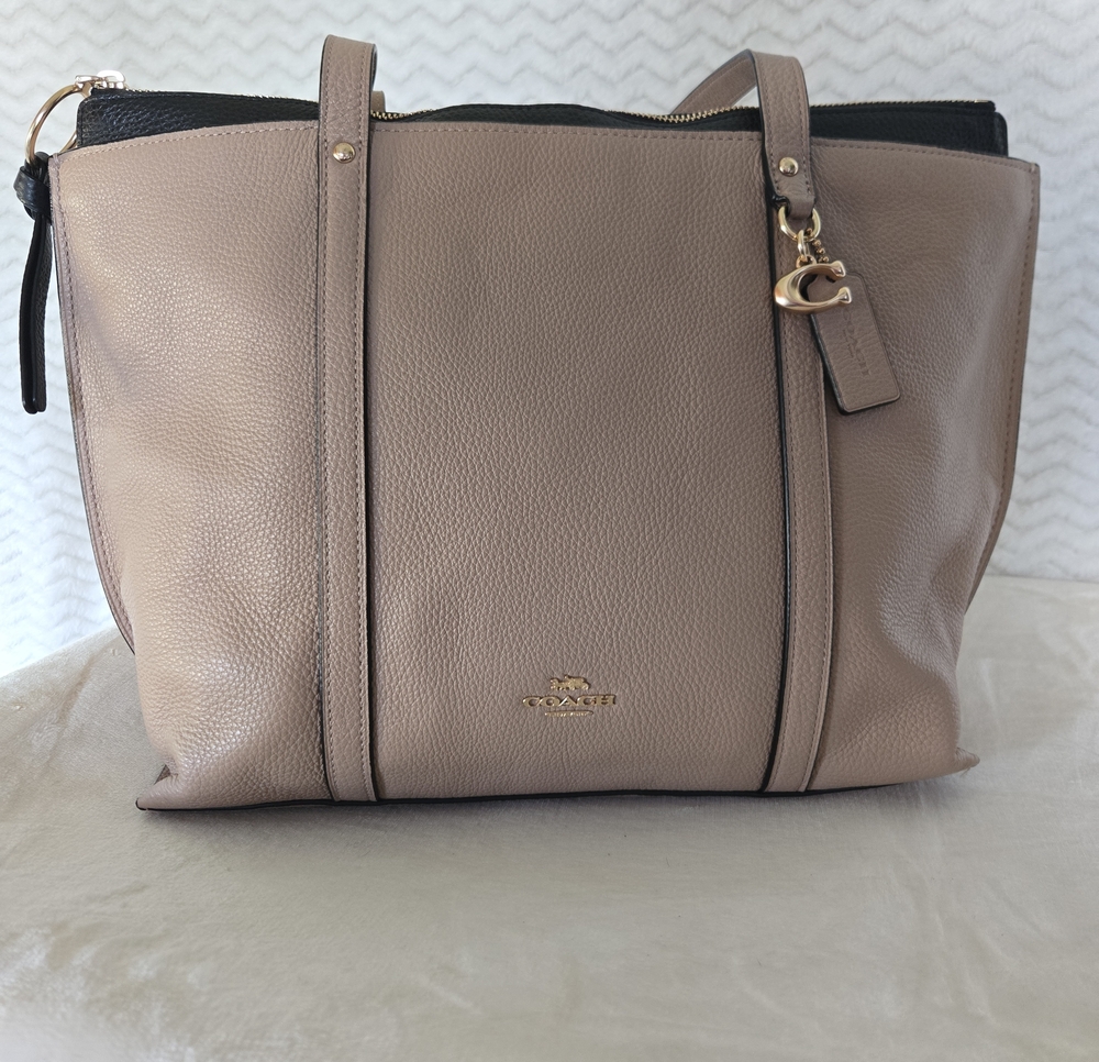 Coach Taupe and Black Leather Tote with Gold Hardware